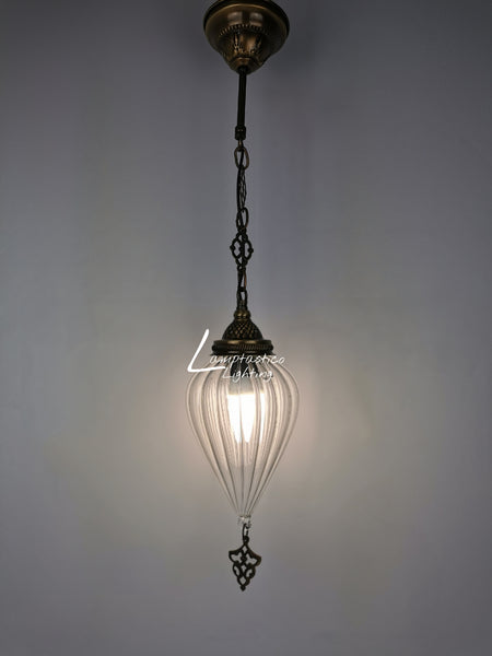 Ribbed Glass Hanging Lamp with Brass Finish, Single Pendant Light