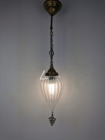 Ribbed Glass Hanging Lamp with Brass Finish, Single Pendant Light