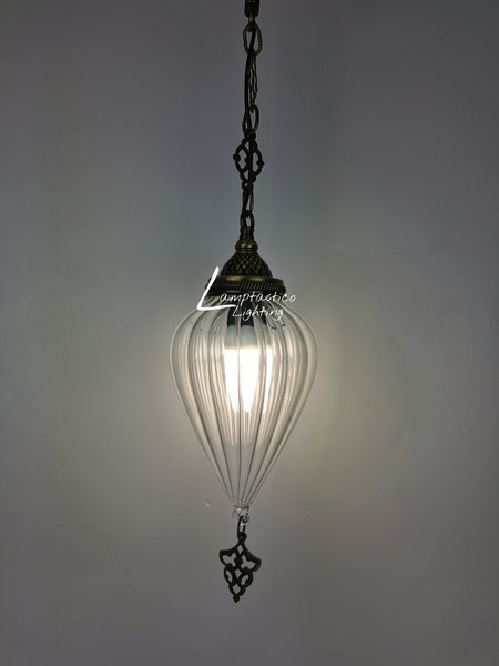 Ribbed Glass Hanging Lamp with Brass Finish, Single Pendant Light