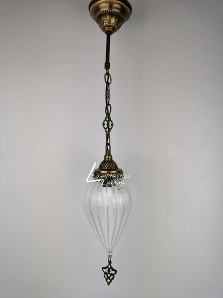 Ribbed Glass Hanging Lamp with Brass Finish, Single Pendant Light