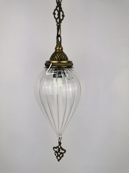 Ribbed Glass Hanging Lamp with Brass Finish, Single Pendant Light