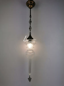 Ribbed Glass Hanging Lamp with Brass Finish, Single Pendant Light