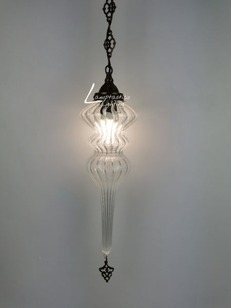 Ribbed Glass Hanging Lamp with Brass Finish, Single Pendant Light