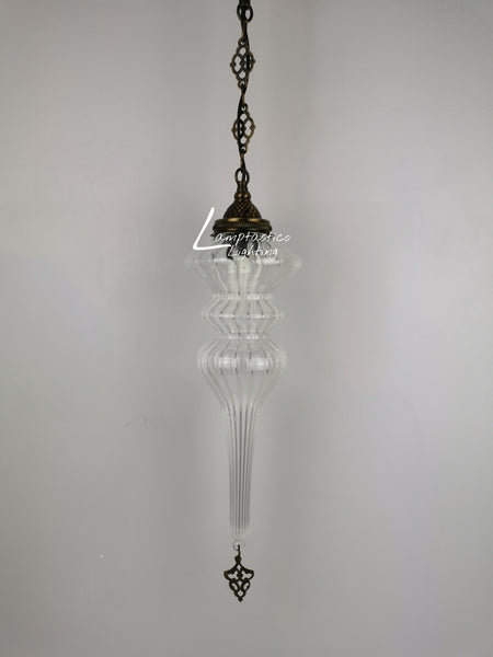 Ribbed Glass Hanging Lamp with Brass Finish, Single Pendant Light