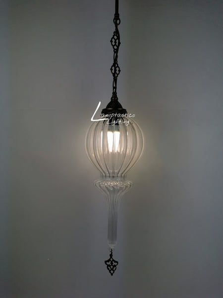 Ribbed Glass Hanging Lamp with Brass Finish, Single Pendant Light