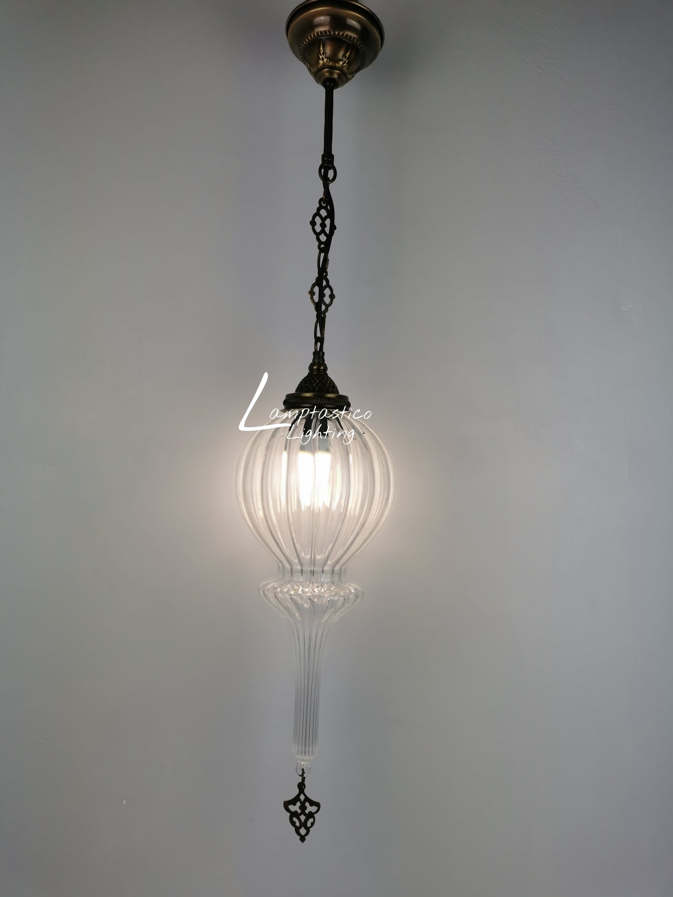 Ribbed Glass Hanging Lamp with Brass Finish, Single Pendant Light