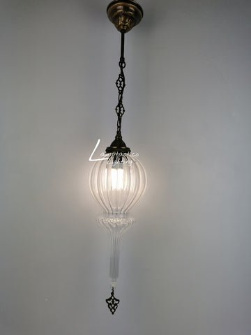 Ribbed Glass Hanging Lamp with Brass Finish, Single Pendant Light