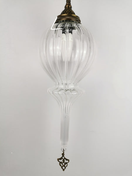 Ribbed Glass Hanging Lamp with Brass Finish, Single Pendant Light