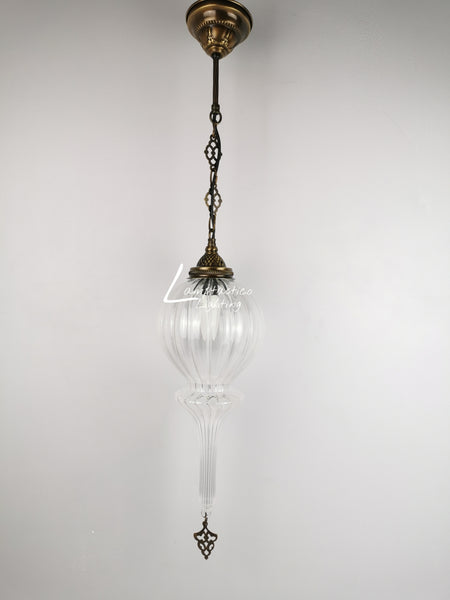 Ribbed Glass Hanging Lamp with Brass Finish, Single Pendant Light