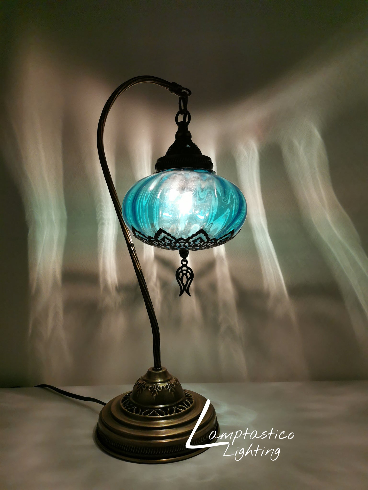 Luxurious Colourful Blown Glass Swanneck Table Desk Bedside Lamp Brass Finish 48cm