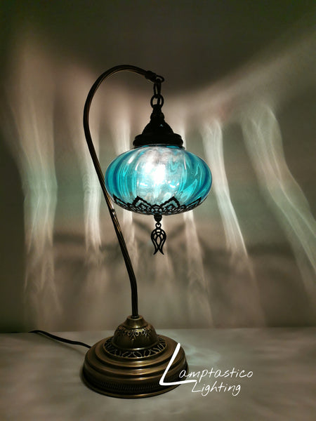 Luxurious Colourful Blown Glass Swanneck Table Desk Bedside Lamp Brass Finish 48cm