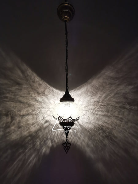 Turkish Crackle Glass Hanging Lamp with Brass Finish, Single Pendant Light