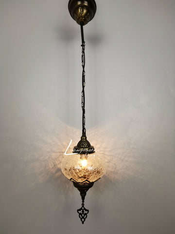 Turkish Crackle Glass Hanging Lamp with Brass Finish, Single Pendant Light