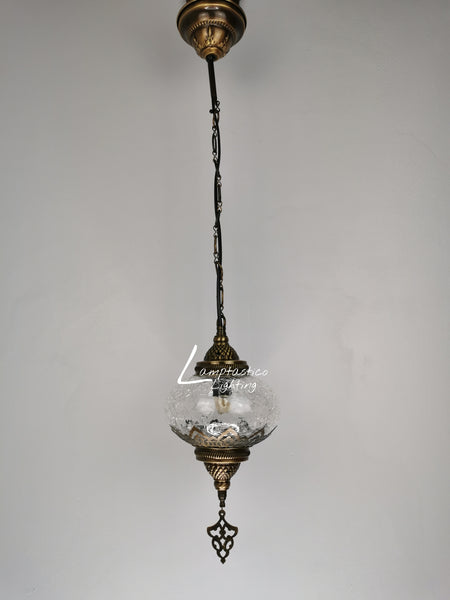 Turkish Crackle Glass Hanging Lamp with Brass Finish, Single Pendant Light