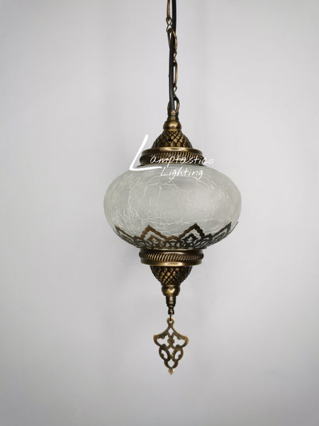 Turkish Crackle Glass Hanging Lamp with Brass Finish, Single Pendant Light