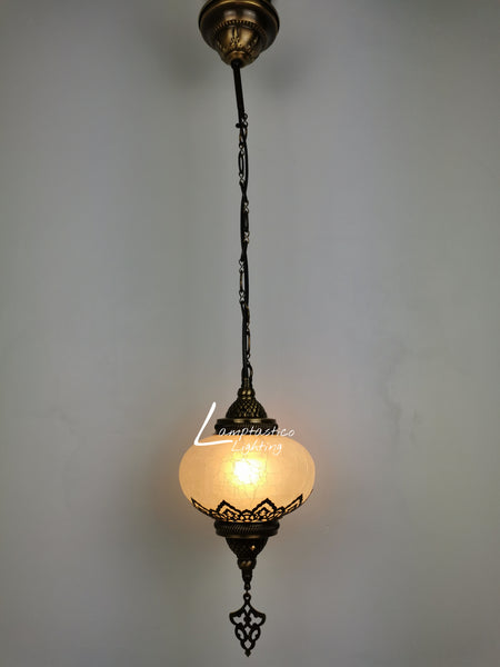 Turkish Crackle Glass Hanging Lamp with Brass Finish, Single Pendant Light