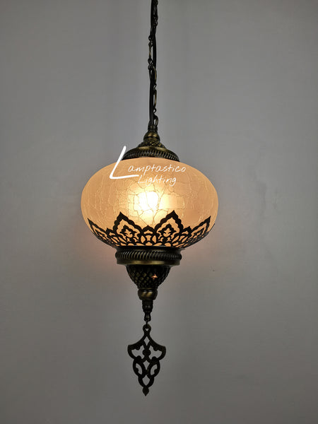 Turkish Crackle Glass Hanging Lamp with Brass Finish, Single Pendant Light