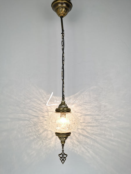 Turkish Crackle Glass Hanging Lamp with Brass Finish, Single Pendant Light