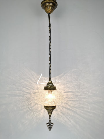 Turkish Crackle Glass Hanging Lamp with Brass Finish, Single Pendant Light
