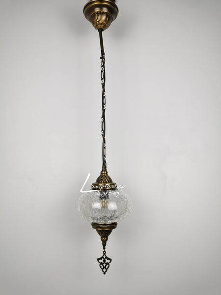 Turkish Crackle Glass Hanging Lamp with Brass Finish, Single Pendant Light