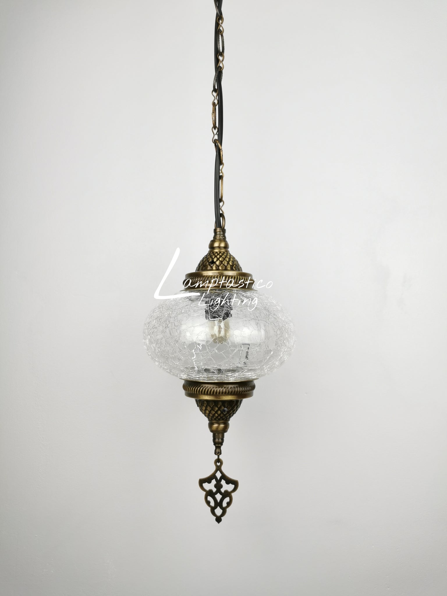 Turkish Crackle Glass Hanging Lamp with Brass Finish, Single Pendant Light