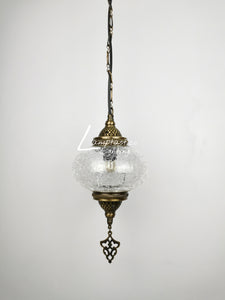 Turkish Crackle Glass Hanging Lamp with Brass Finish, Single Pendant Light