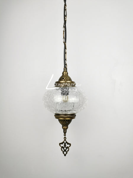 Turkish Crackle Glass Hanging Lamp with Brass Finish, Single Pendant Light