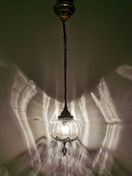 Turkish Clear Blown Glass Hanging Lamp with Brass Finish, Single Pendant Light