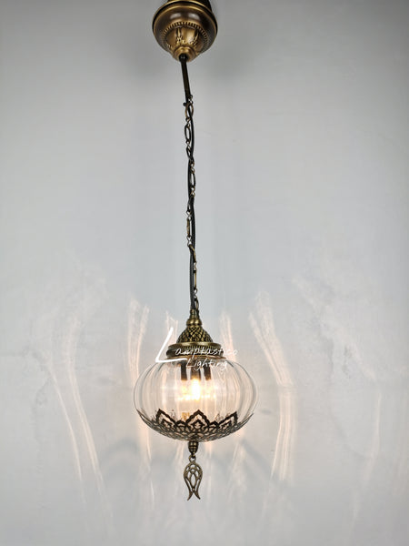 Turkish Clear Blown Glass Hanging Lamp with Brass Finish, Single Pendant Light