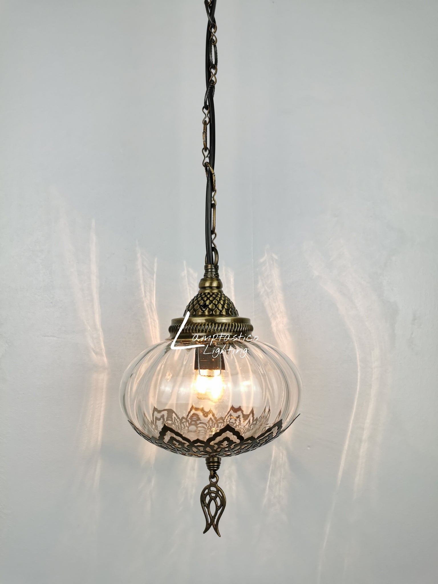 Turkish Clear Blown Glass Hanging Lamp with Brass Finish, Single Pendant Light