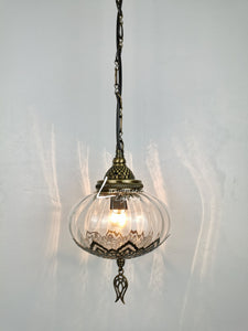 Turkish Clear Blown Glass Hanging Lamp with Brass Finish, Single Pendant Light