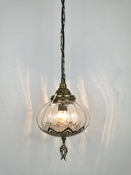 Turkish Clear Blown Glass Hanging Lamp with Brass Finish, Single Pendant Light