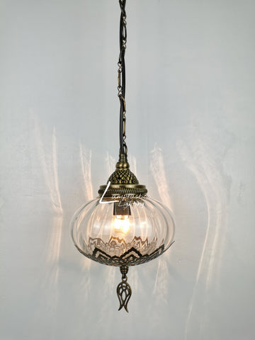Turkish Clear Blown Glass Hanging Lamp with Brass Finish, Single Pendant Light