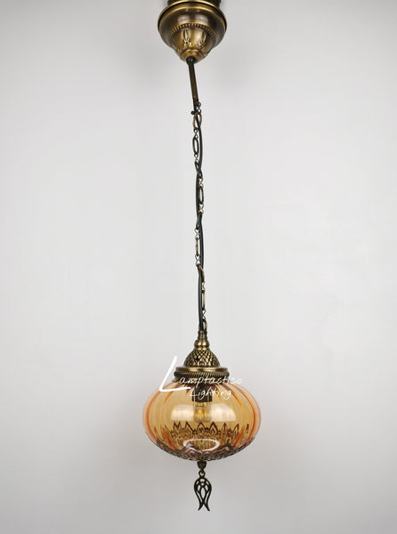 Turkish Orange Blown Glass Hanging Lamp with Brass Finish, Single Pendant Light