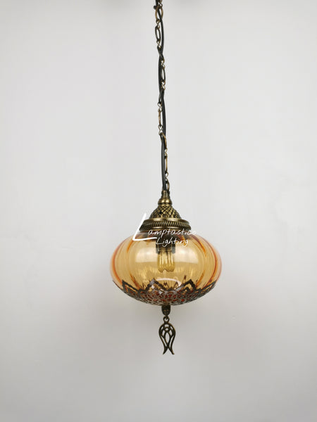 Turkish Orange Blown Glass Hanging Lamp with Brass Finish, Single Pendant Light