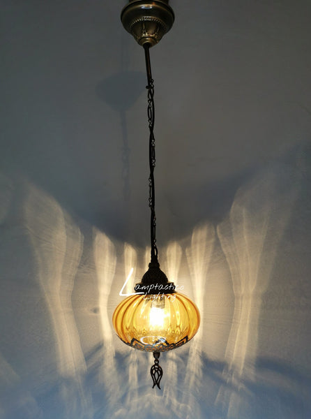 Turkish Orange Blown Glass Hanging Lamp with Brass Finish, Single Pendant Light