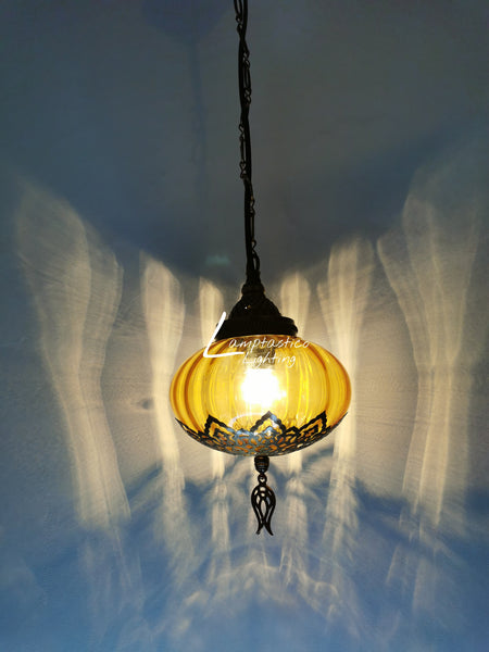 Turkish Orange Blown Glass Hanging Lamp with Brass Finish, Single Pendant Light