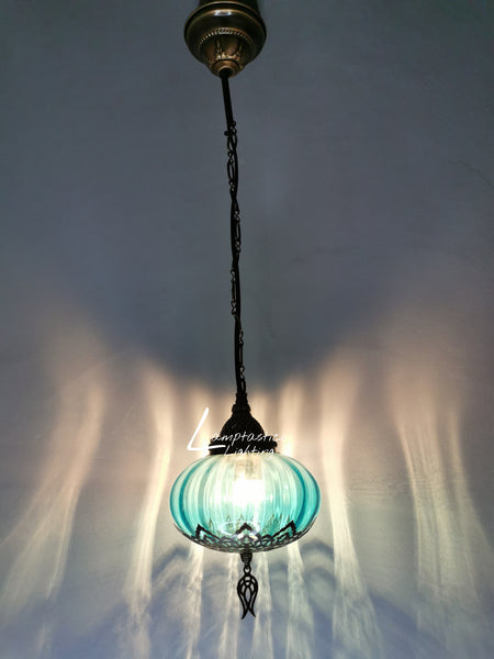 Turkish Teal Blown Glass Hanging Lamp with Brass Finish, Single Pendant Light