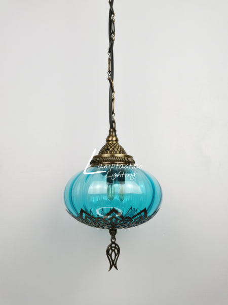 Turkish Teal Blown Glass Hanging Lamp with Brass Finish, Single Pendant Light