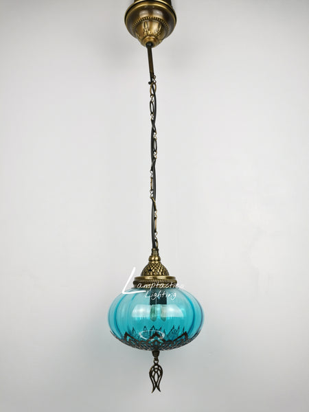 Turkish Teal Blown Glass Hanging Lamp with Brass Finish, Single Pendant Light