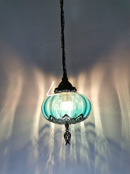 Turkish Teal Blown Glass Hanging Lamp with Brass Finish, Single Pendant Light