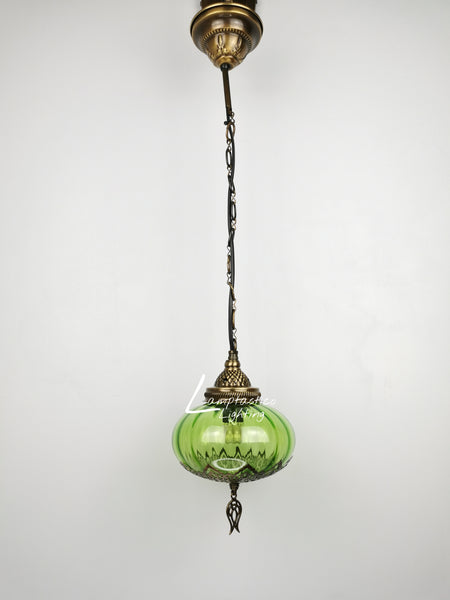 Turkish Lime Blown Glass Hanging Lamp with Brass Finish, Single Pendant Light