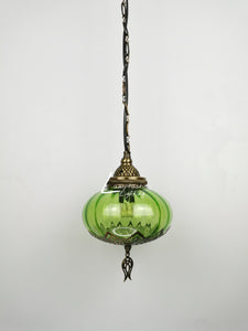 Turkish Lime Blown Glass Hanging Lamp with Brass Finish, Single Pendant Light