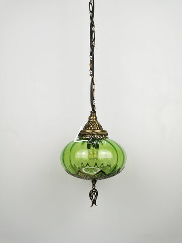 Turkish Lime Blown Glass Hanging Lamp with Brass Finish, Single Pendant Light