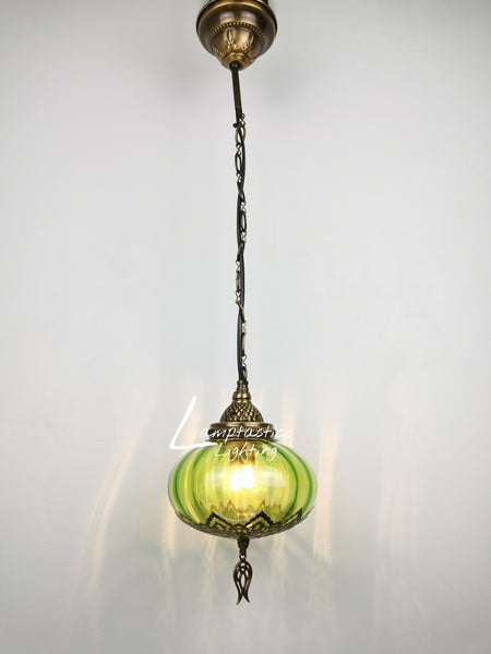 Turkish Lime Blown Glass Hanging Lamp with Brass Finish, Single Pendant Light