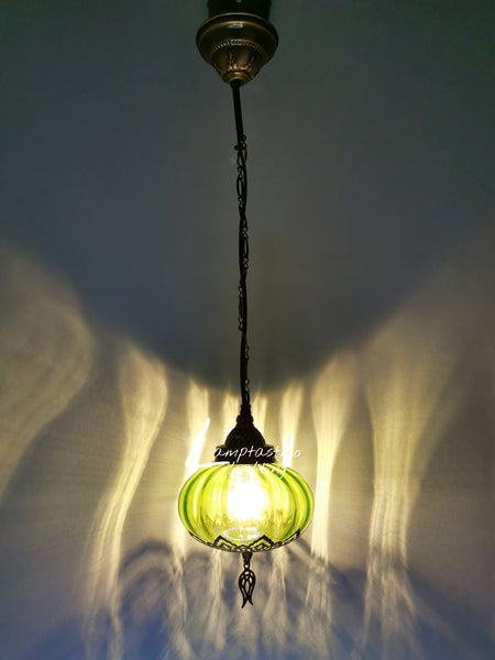 Turkish Lime Blown Glass Hanging Lamp with Brass Finish, Single Pendant Light