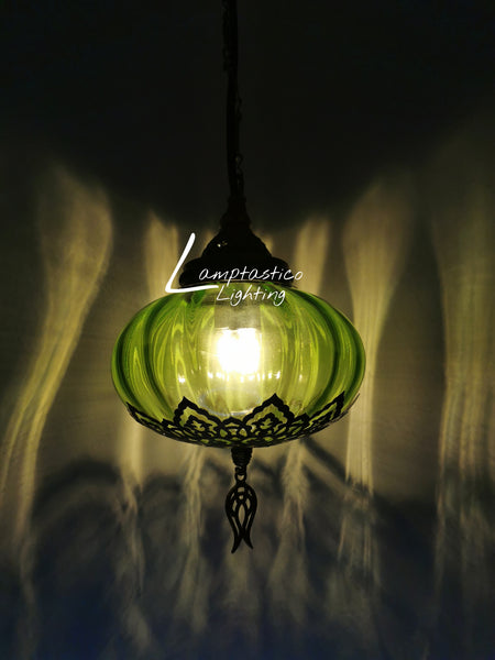 Turkish Lime Blown Glass Hanging Lamp with Brass Finish, Single Pendant Light