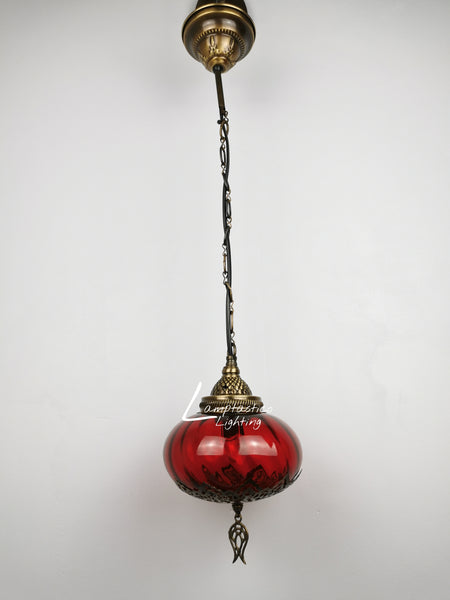 Turkish Red Blown Glass Hanging Lamp with Brass Finish, Single Pendant Light