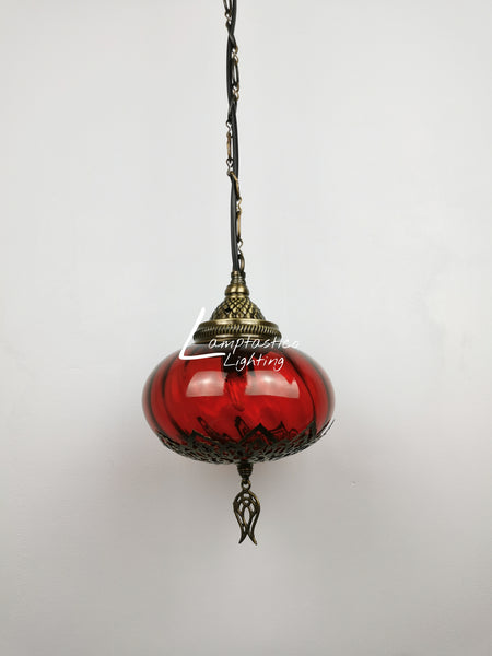 Turkish Red Blown Glass Hanging Lamp with Brass Finish, Single Pendant Light