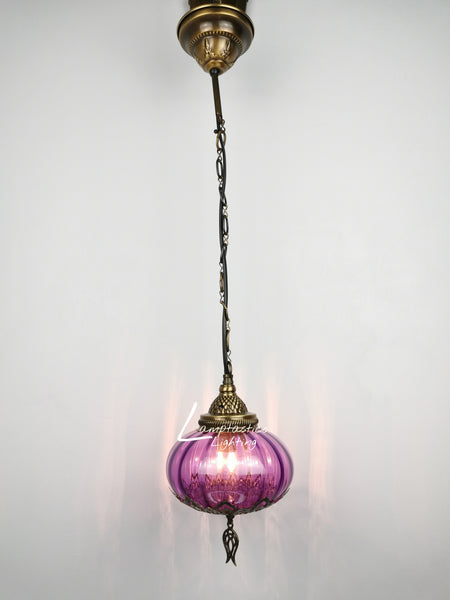 Turkish Purple Blown Glass Hanging Lamp with Brass Finish, Single Pendant Light